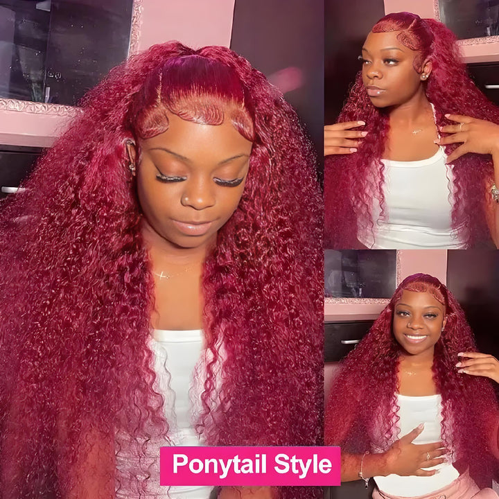 Close-up showing rich dark burgundy (99J) color of full lace deep wave wig under natural lighting.
