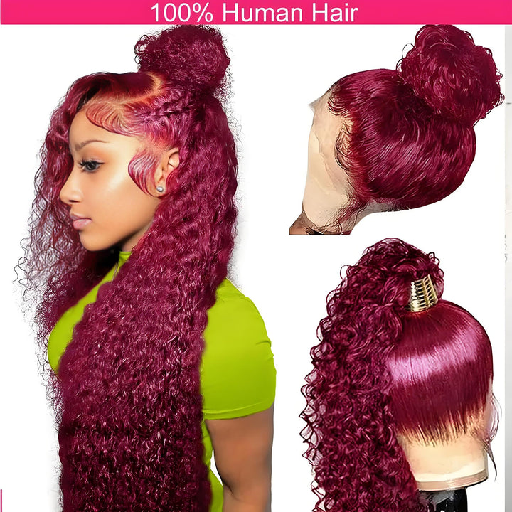 Front and back views of 99J burgundy full lace deep wave wig, displaying volume, curl definition, and shine.