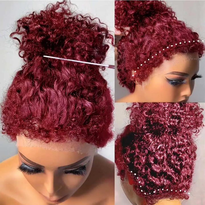 Close-up of pre-plucked natural hairline on 99J burgundy full lace deep wave wig for realistic finish.