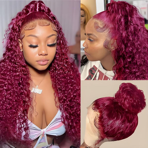 Step-by-step installation of 99J burgundy full lace deep wave wig, showing secure fit and natural look.