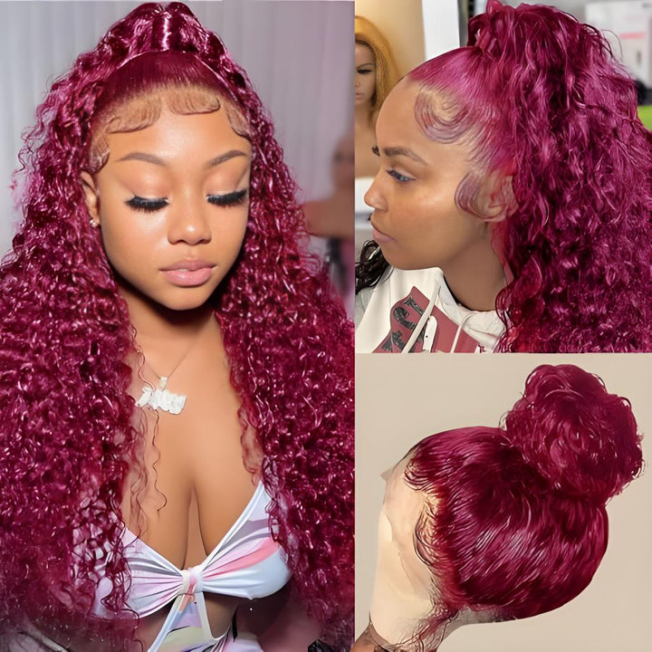 Step-by-step installation of 99J burgundy full lace deep wave wig, showing secure fit and natural look.