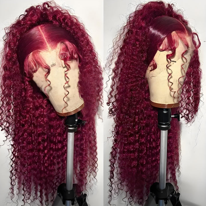 Model wearing full lace deep wave wig in 99J burgundy, styled with voluminous defined curls.