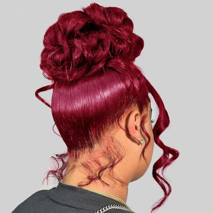 Side profile of 99J burgundy full lace deep wave wig showing cascading defined waves.