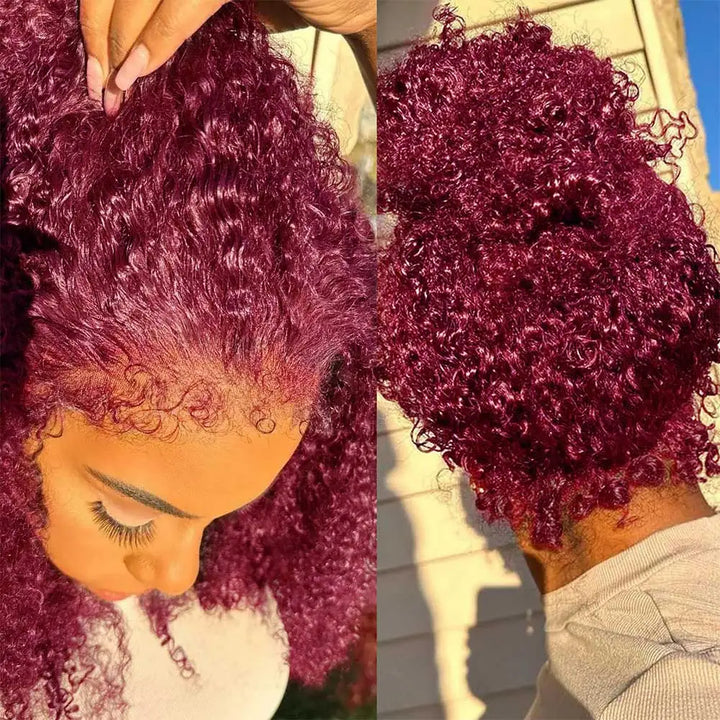 Detailed close-up of soft deep wave texture in rich 99J burgundy full lace wig.