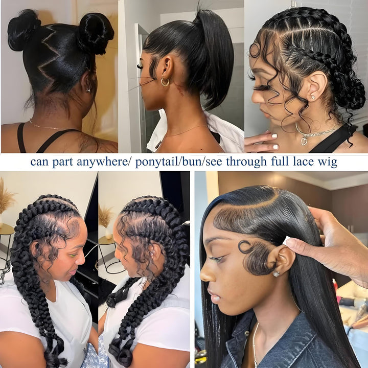 Multi-image showcase of straight full lace wig parted anywhere, styled into ponytail, bun, and braids.