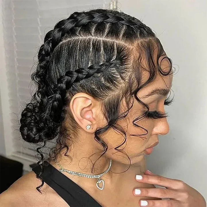 Side profile showing cornrow braids and soft baby hairs on a straight natural-color full lace wig.