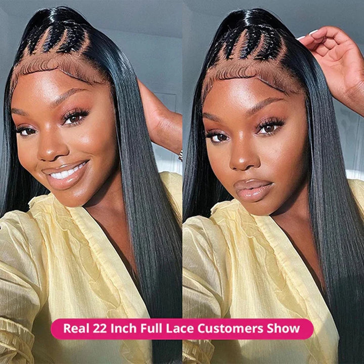 Customer show of straight natural-color full lace wig with top braids and sleek long lengths.