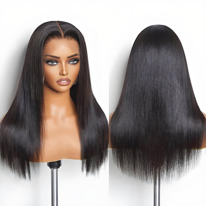 Front and back views of straight natural-color full lace wig, highlighting silky texture and blunt ends.