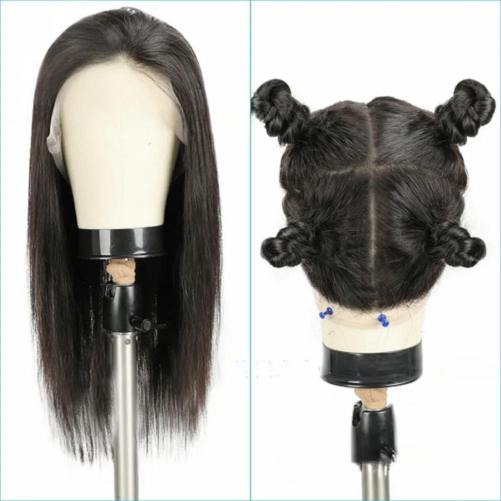 Front mannequin view of straight natural-color full lace wig with four-section top parting to show free parting ability.