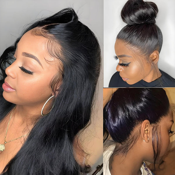 Close-up collage of updo and ponytail looks on a straight full lace wig, emphasizing natural hairline and edges.