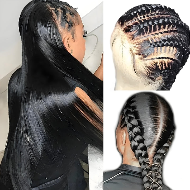 Collage displaying multiple braided styles on a straight natural-color full lace wig, demonstrating styling versatility.
