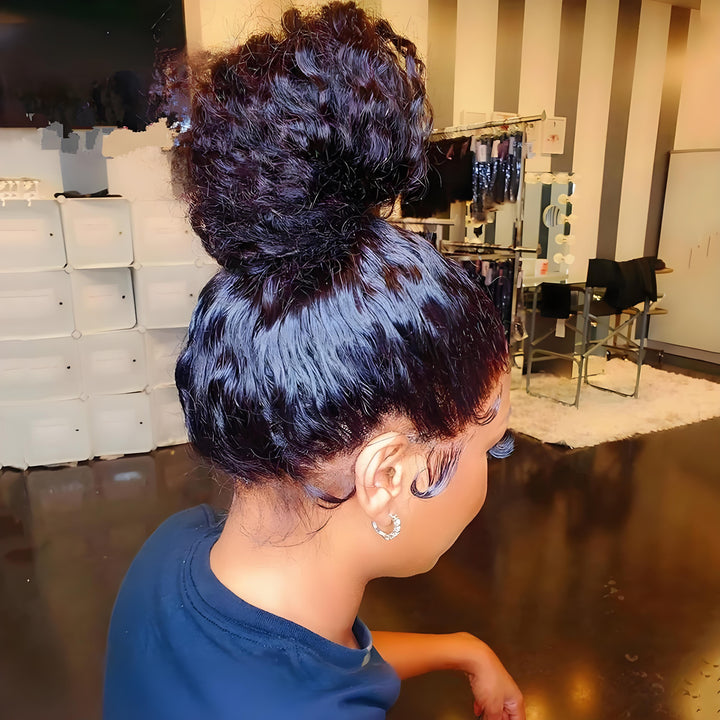 Front, side, and back cap views of full lace water wave wig in natural color, highlighting lace coverage and construction.