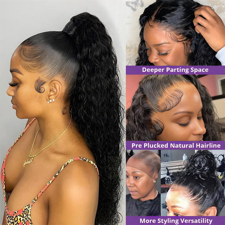 Close-up of wave pattern and natural shine on full lace water wave wig in natural color.