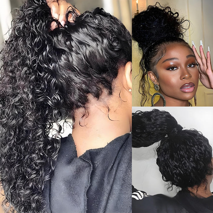 Front and side views of full lace water wave wig in natural color, showing defined waves and natural shine.