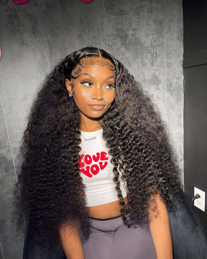 Front view of full lace water wave wig in natural color, showing pre-plucked natural hairline.