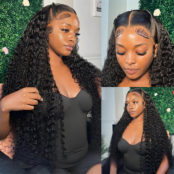 Full lace water wave wig in natural color displayed on mannequin, highlighting soft texture and flowing waves.