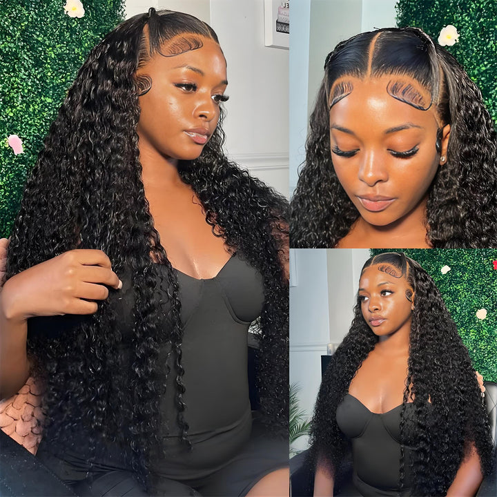 Full lace water wave wig in natural color displayed on mannequin, highlighting soft texture and flowing waves.