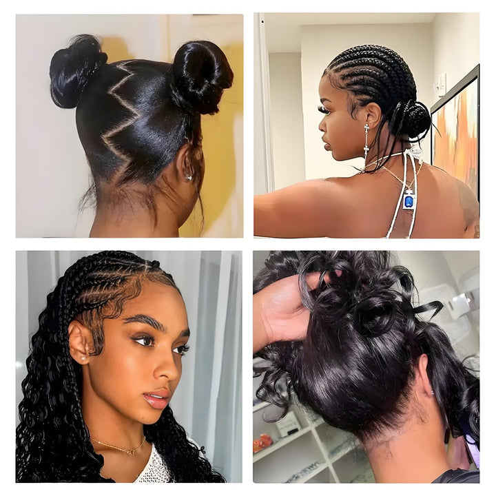 Side and back views of full lace water wave wig in natural color, showcasing layered waves and smooth finish.