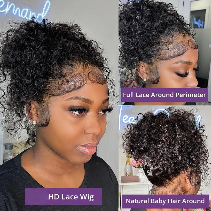 Styling options for full lace water wave wig in natural color, including ponytail and middle or side parting.
