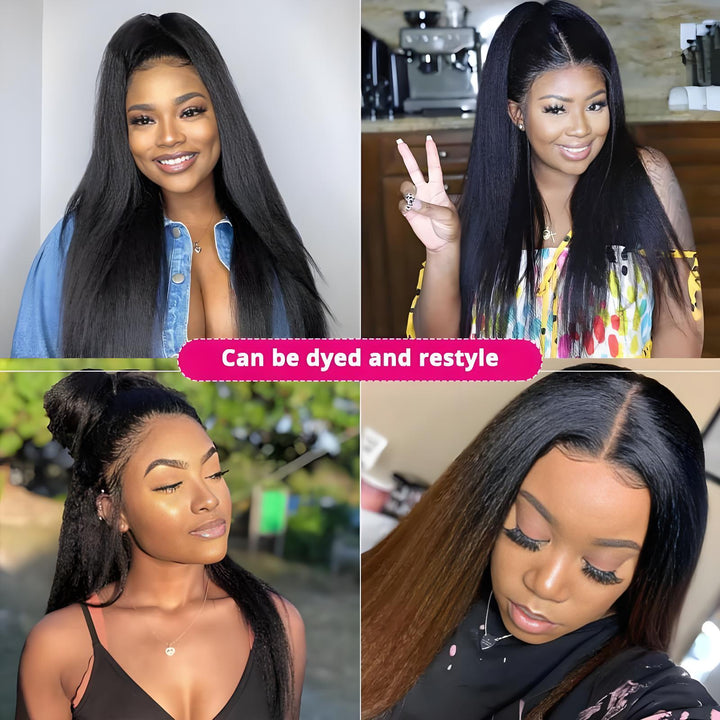 Collage of Yaki straight full lace wig in natural color showing versatile styling options including dyeing and restyling.