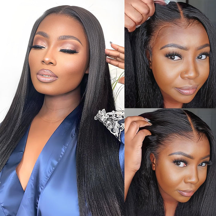 Close-up of Yaki straight full lace wig in natural color, showing pre-plucked hairline and sleek natural texture.