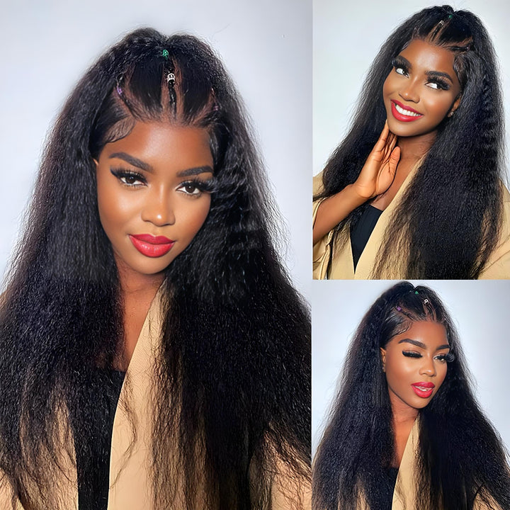 Yaki straight full lace wig in natural color styled half-up with braided front sections, highlighting natural edges and volume.
