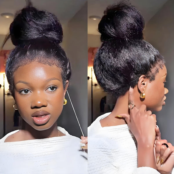 Model wearing Yaki straight full lace wig in natural color styled into a high bun, showing realistic hairline and sleek finish.