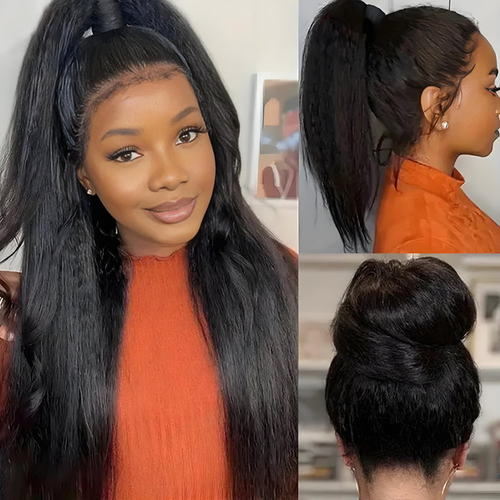 Back and side view of Yaki straight full lace wig in natural color styled in high ponytail and bun, showing full coverage lace cap.