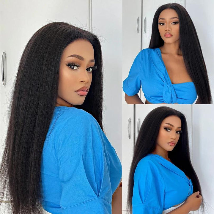 Model in blue top wearing Yaki straight full lace wig in natural color with sleek middle part and natural texture.