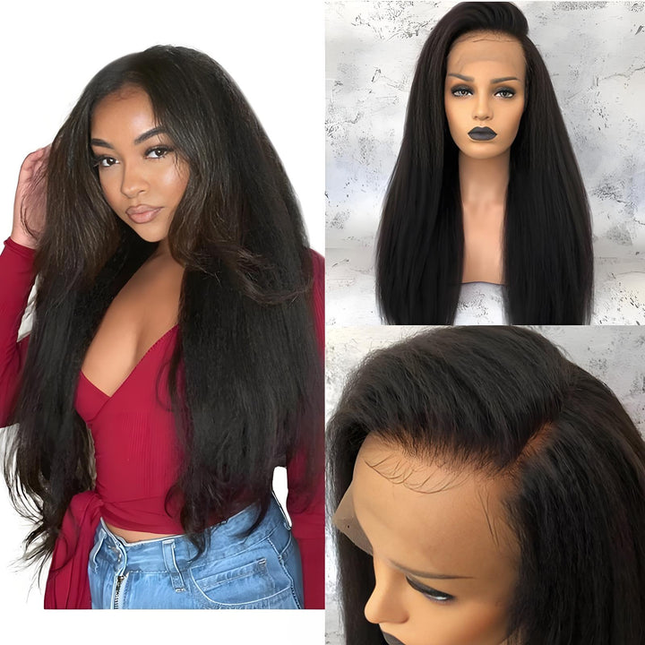 Side view of Yaki straight full lace wig in natural color, highlighting thick density and realistic lace hairline.