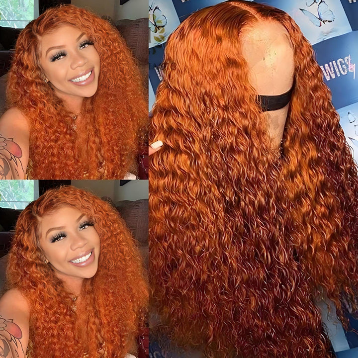 Side-by-side view of smiling customer and lace-front ginger curly hair wig on mannequin head.