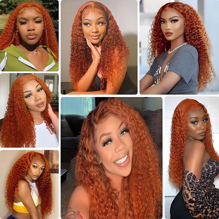 Collage of customers showcasing ginger deep wave hair in various lighting, styles, and expressions.