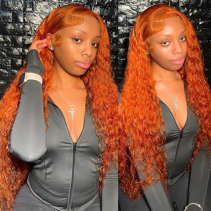 Young woman modeling ginger lace front deep wave wig, showing vibrant color and natural parting.