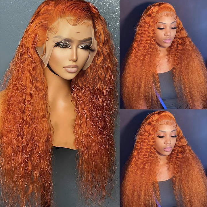 Mannequin and real model showcasing vibrant ginger deep wave lace front wig with natural baby hair.