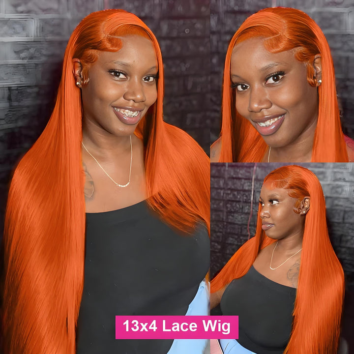 Model wearing EuxmeHair ginger orange straight wig with 13x4 HD lace front and side part styling