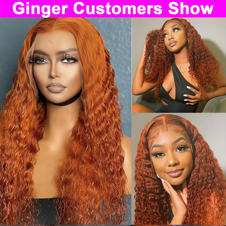 Multiple customers modeling ginger deep wave hair, highlighting curl pattern, hairline, and color vibrancy.