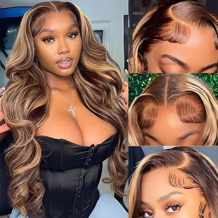 EuxmeHair 5x5 HD lace closure wig in honey blonde with body wave texture, detailed views of lace parting and hairline.