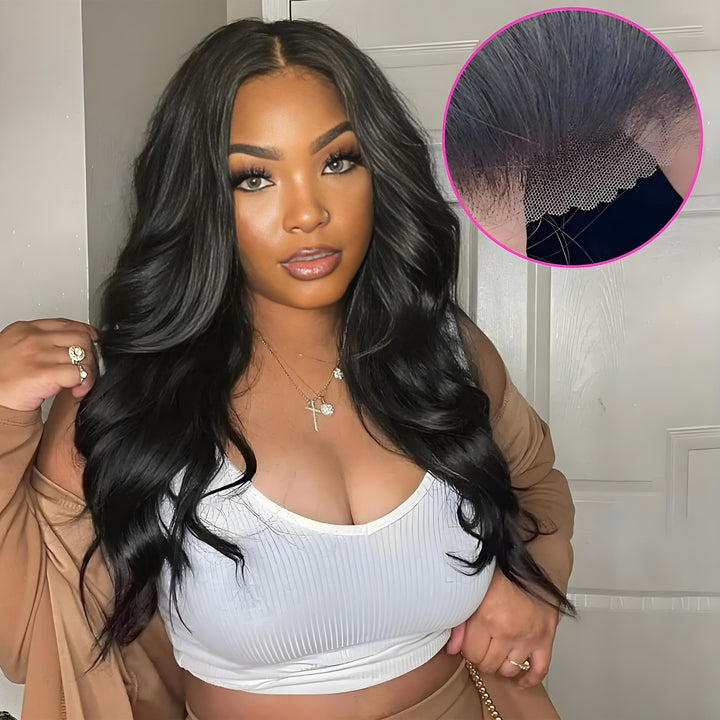 Model wearing EuxmeHair 5x5 glueless body wave lace wig, zoomed-in lace closeup in corner