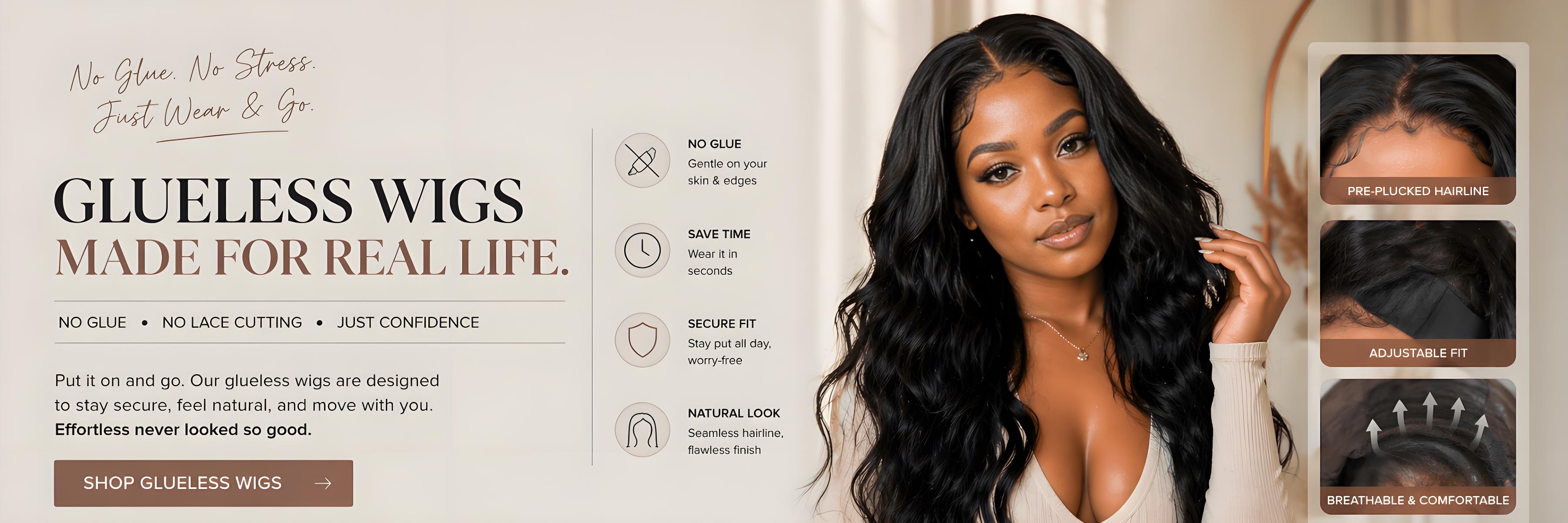 Black woman wearing a glueless wig with natural hairline and easy wear and go style without glue