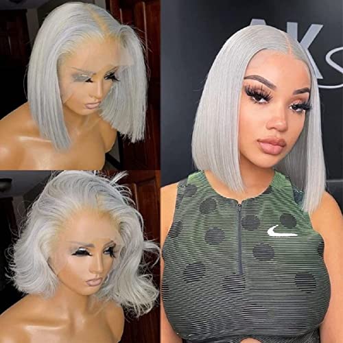 Model and mannequin wearing straight gray blunt cut lace wig; includes wig before and after styling.