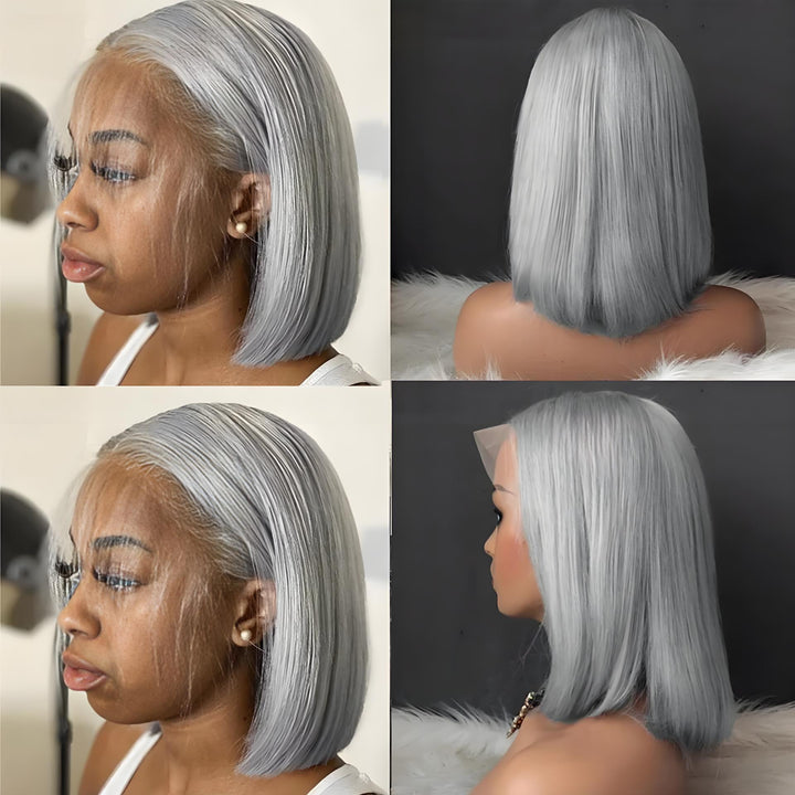 Gray straight bob wig shown on model and mannequin from side and back views for cut and length reference.