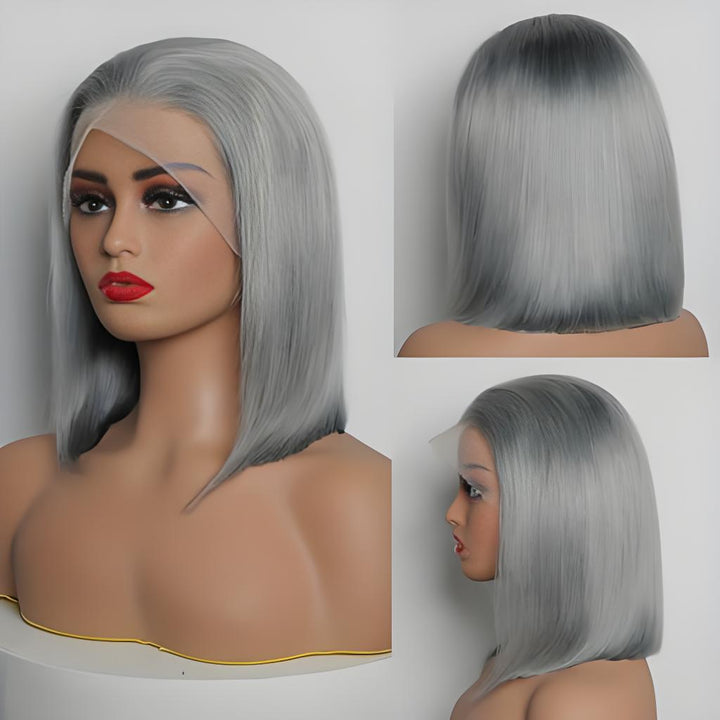 Gray lace front wig displayed on mannequin from front, side, and back views showing cut and lace design.