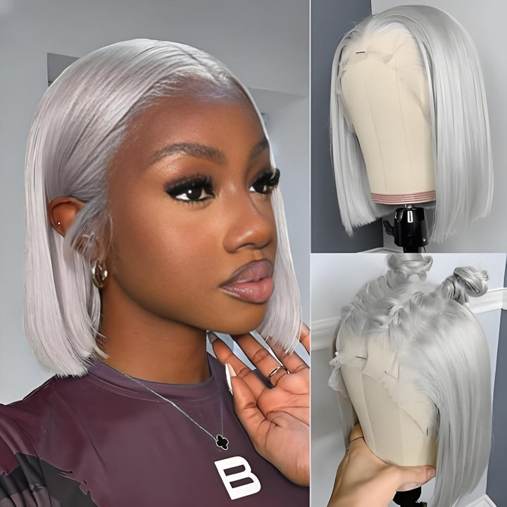 Model in gray bob wig with straight texture; includes top view and braided underside of lace wig on mannequin.