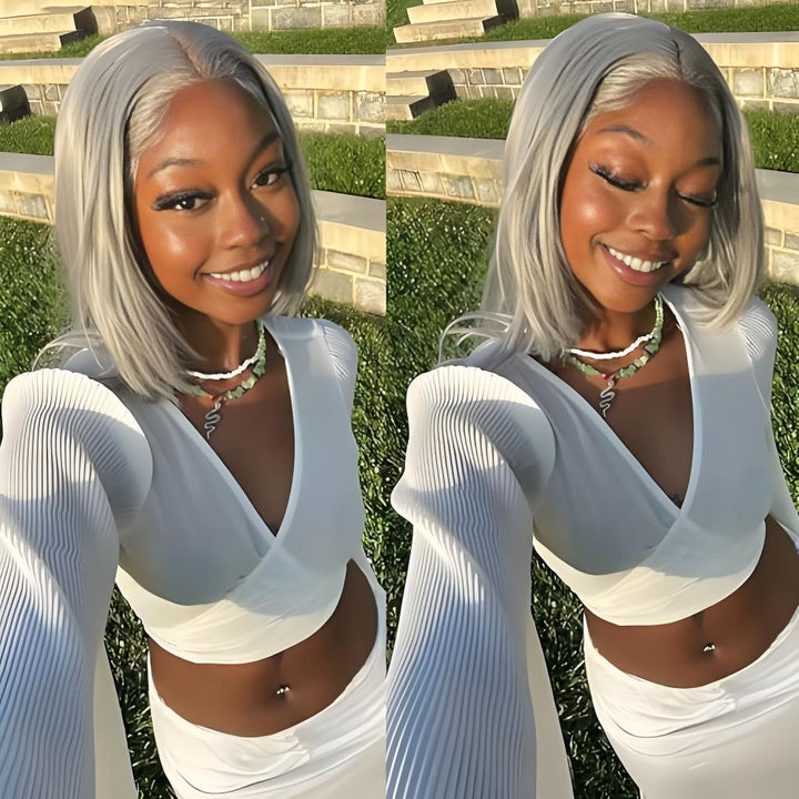 Gray straight bob wig worn by model outdoors in natural light, highlighting lace melt and smooth texture.