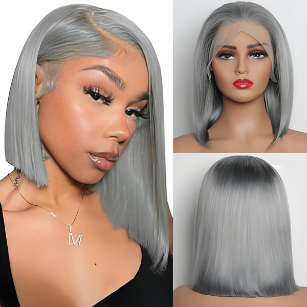 Gray straight bob wig displayed on model and mannequin with lace front, side part, and blunt cut back view.