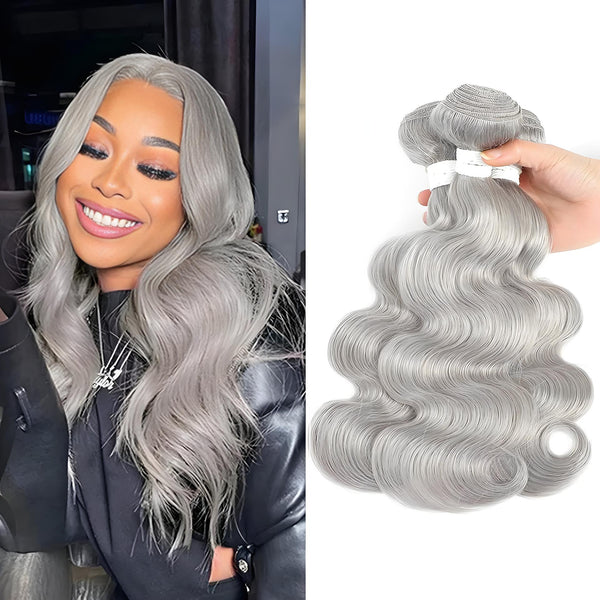 Side-by-side of a model wearing grey body wave hair and a product photo showing two bundles with defined waves.