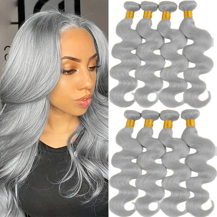 Side-by-side image of a woman wearing grey bundles and a close-up of nine grey body wave bundles with gold wrapping.