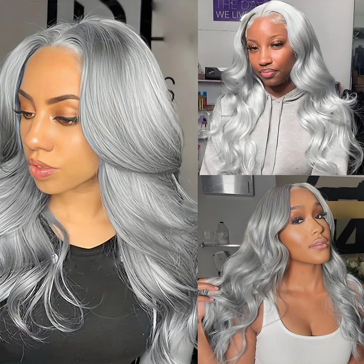 Close-up shots of multiple customers wearing grey body wave bundles with voluminous curls and defined parting.