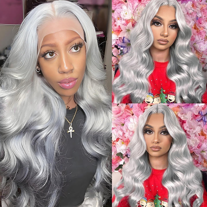 Models posing in front of floral backdrop wearing silver grey body wave wigs with full, defined curls and lace fronts.