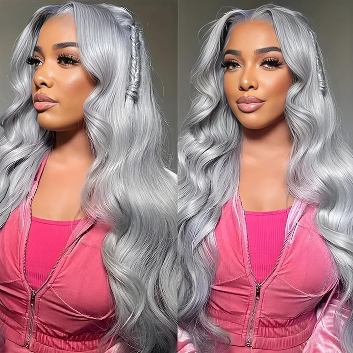 Model with side braids and silver-grey body wave bundles styled with deep waves, wearing a pink tracksuit.